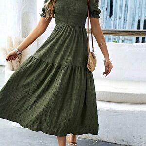 Shein Army Green Solid Puff Sleeve Ruffle Dress Maxi Women’s Size Medium